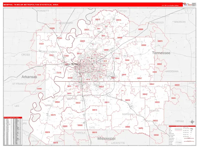 Memphis Metro Area ZIP Code Wall Map, RedLine style