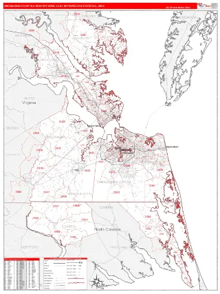 Virginia Beach-Norfolk-Newport News Metro Area RedLine style ZIP Code wall map