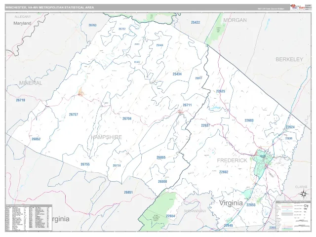 Winchester Metro Area ZIP Code Wall Map, Classic style