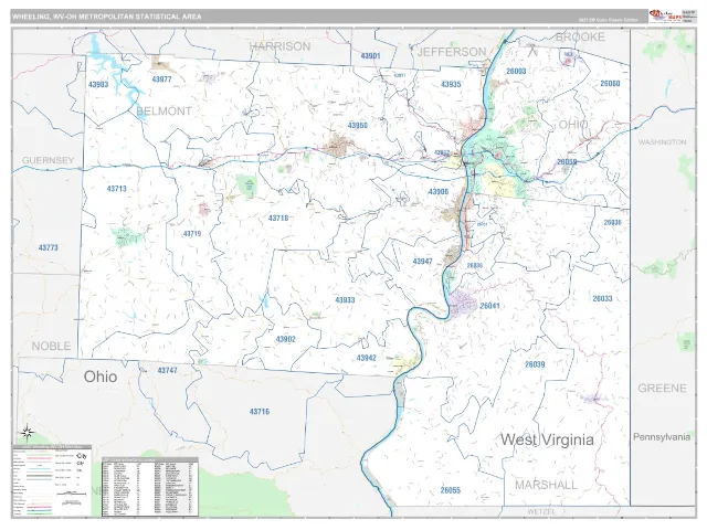 Wheeling Metro Area ZIP Code Wall Map, Classic style