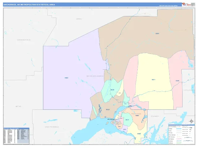Anchorage Metro Area ZIP Code Wall Map, ColorCast style