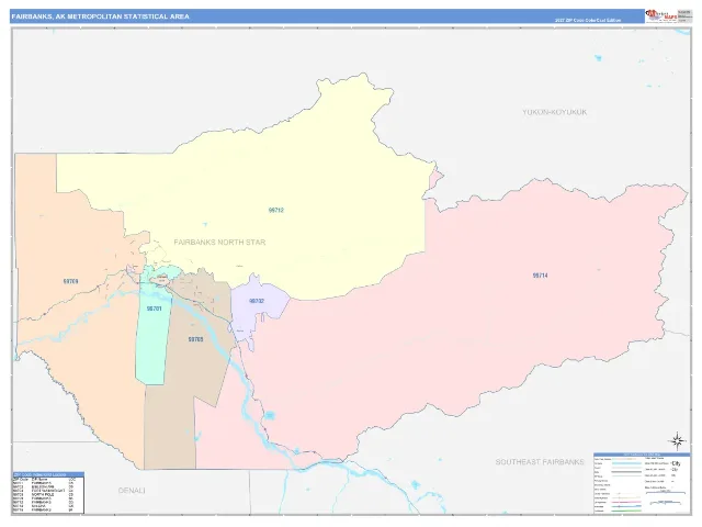 Fairbanks Metro Area ZIP Code Wall Map, ColorCast style