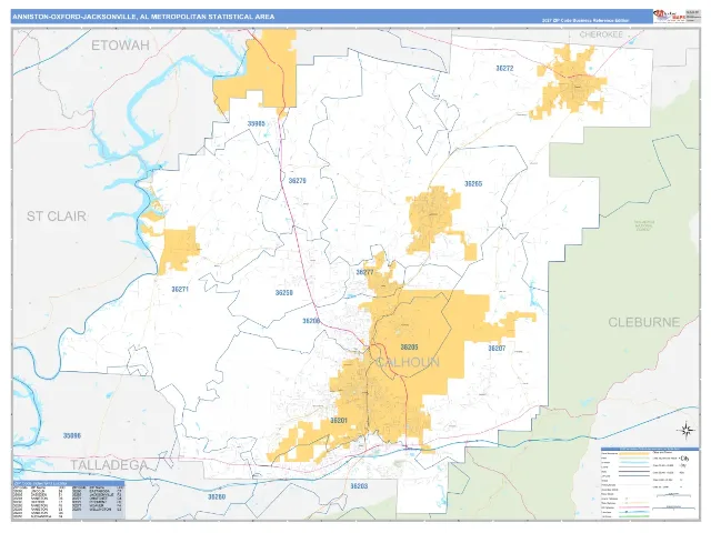 Anniston-Oxford-Jacksonville Metro Area ZIP Code Wall Map, Business Reference style