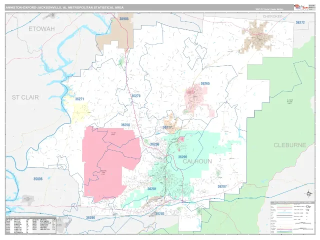 Anniston-Oxford-Jacksonville Metro Area ZIP Code Wall Map, Classic style