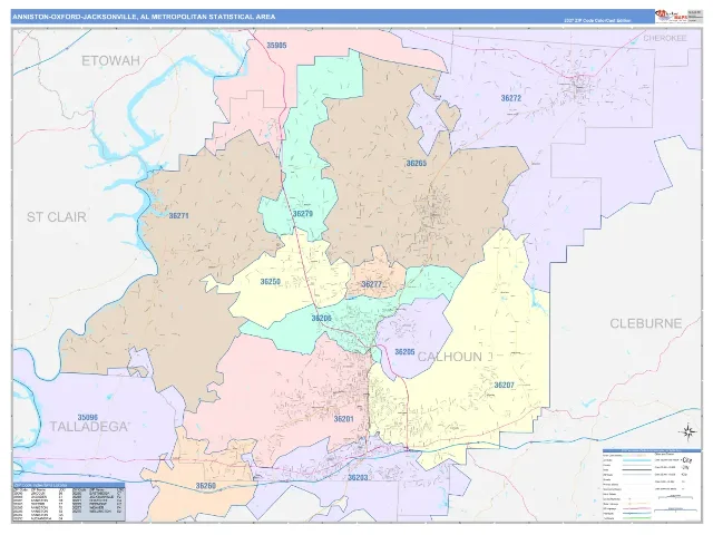 Anniston-Oxford-Jacksonville Metro Area ZIP Code Wall Map, ColorCast style