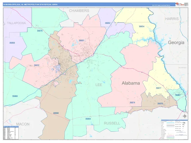 Auburn-Opelika Metro Area ZIP Code Wall Map, ColorCast style