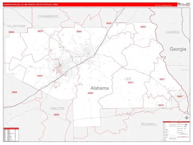 Auburn-Opelika Metro Area ZIP Code Wall Map, RedLine style
