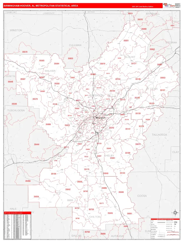 Birmingham-Hoover Metro Area ZIP Code Wall Map, RedLine style
