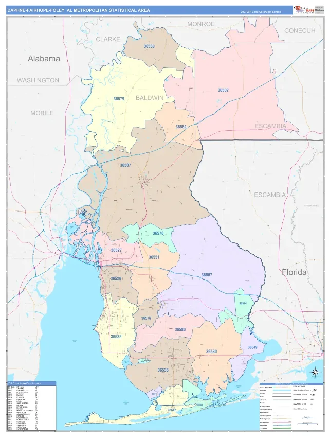 Daphne-Fairhope-Foley Metro Area ZIP Code Wall Map, ColorCast style