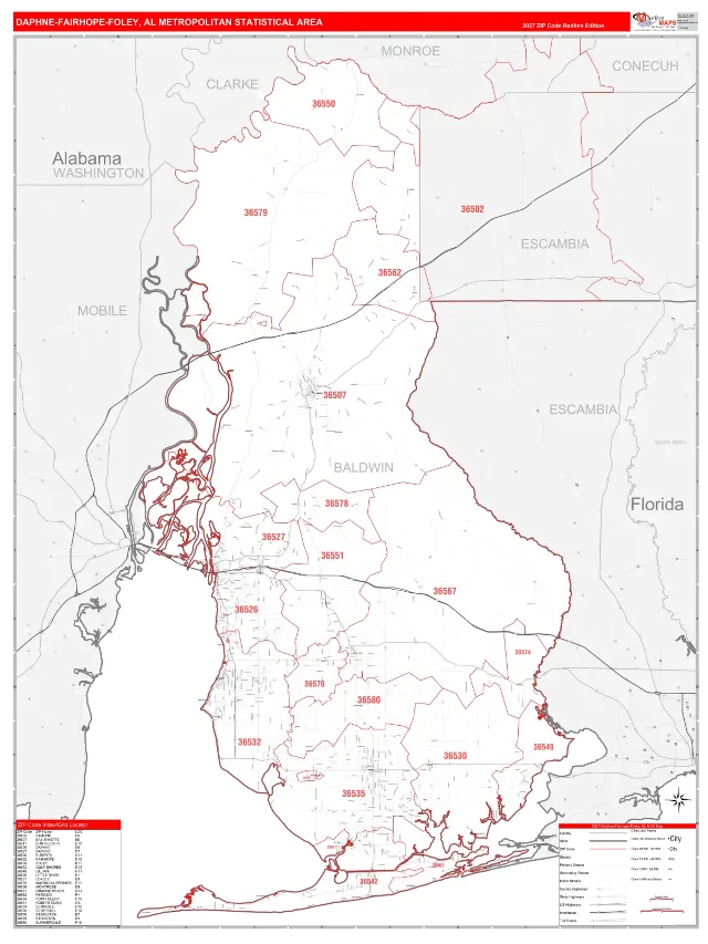 Daphne-Fairhope-Foley Metro Area ZIP Code Wall Map, RedLine style