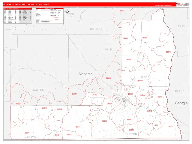 Dothan Metro Area ZIP Code Wall Map, RedLine style