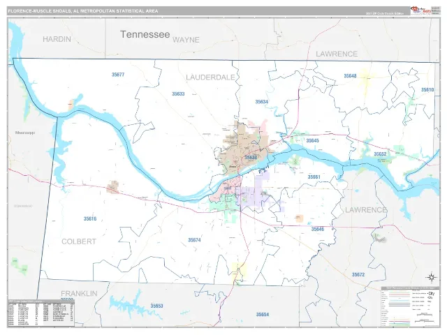 Florence-Muscle Shoals Metro Area ZIP Code Wall Map, Classic style