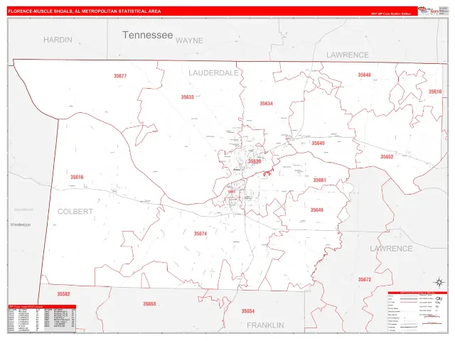 Florence-Muscle Shoals Metro Area ZIP Code Wall Map, RedLine style