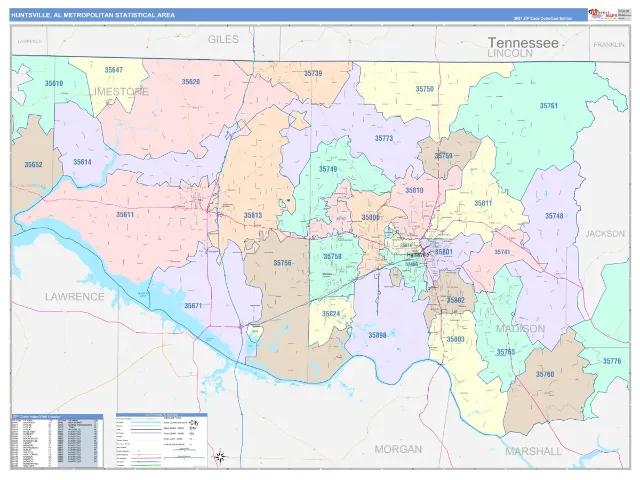 Huntsville Metro Area ZIP Code Wall Map, ColorCast style