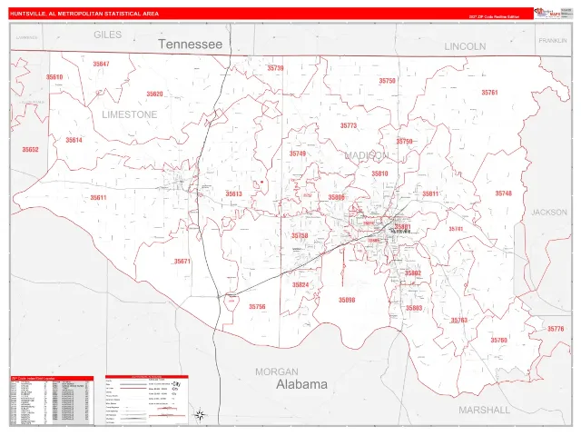Huntsville Metro Area ZIP Code Wall Map, RedLine style