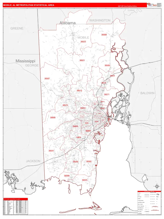 Mobile Metro Area ZIP Code Wall Map, RedLine style