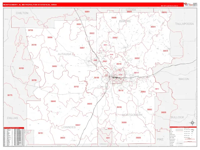 Montgomery Metro Area ZIP Code Wall Map, RedLine style