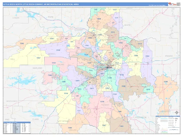 Little Rock-North Little Rock-Conway Metro Area ZIP Code Wall Map, ColorCast style