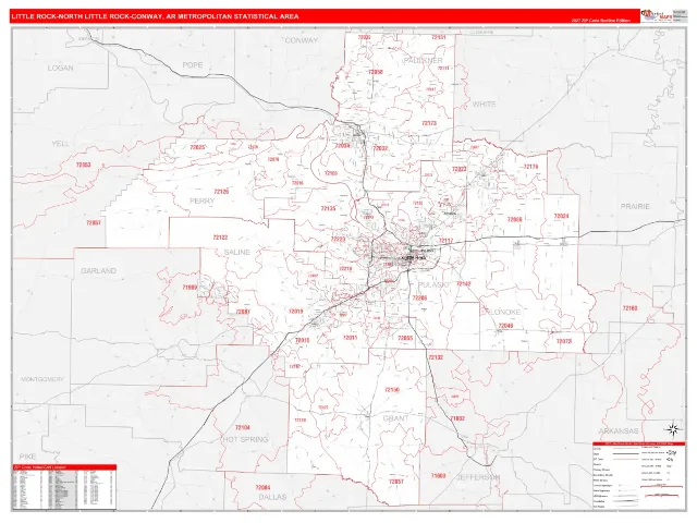 Little Rock-North Little Rock-Conway Metro Area ZIP Code Wall Map, RedLine style