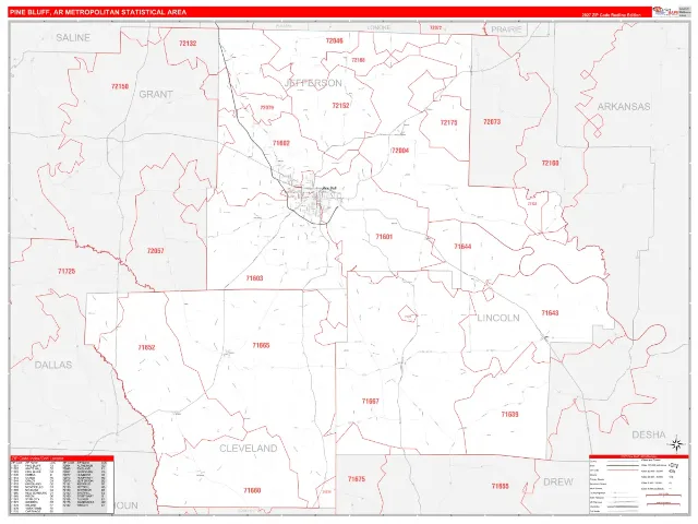 Pine Bluff Metro Area ZIP Code Wall Map, RedLine style