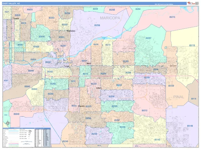 East Valley Metro Area ZIP Code Wall Map, ColorCast style