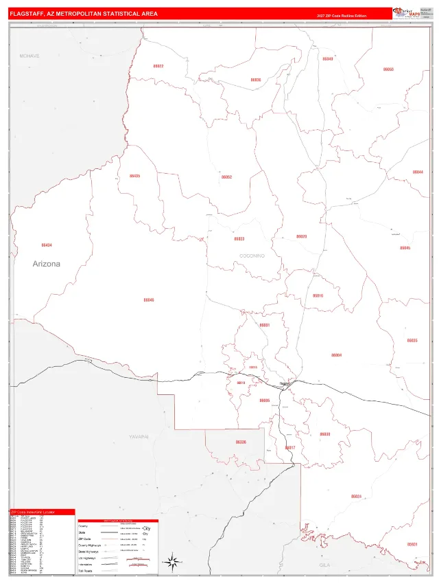 Flagstaff Metro Area ZIP Code Wall Map, RedLine style