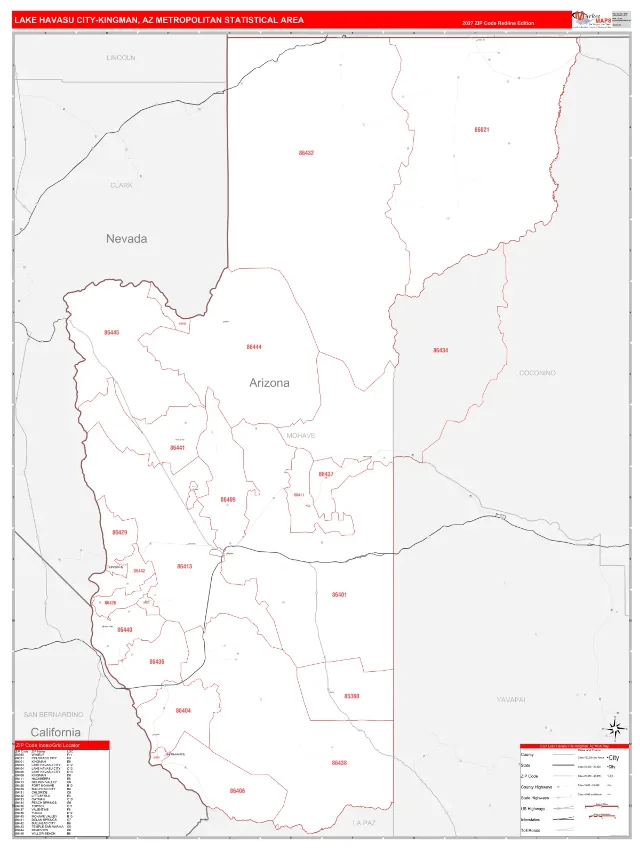 Lake Havasu City-Kingman Metro Area ZIP Code Wall Map, RedLine style