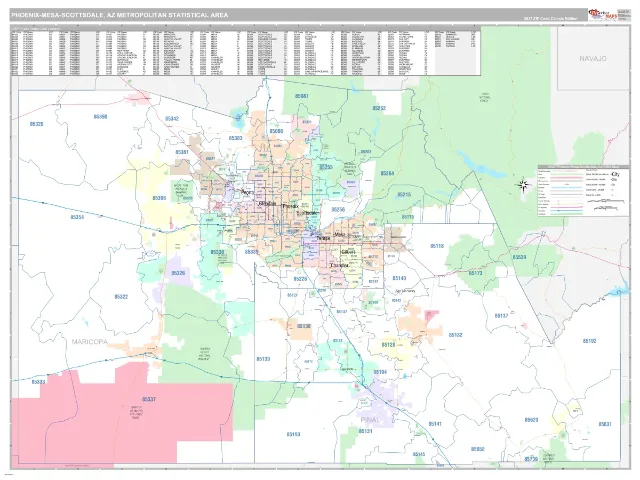 Phoenix-Mesa-Scottsdale Metro Area ZIP Code Wall Map, Classic style