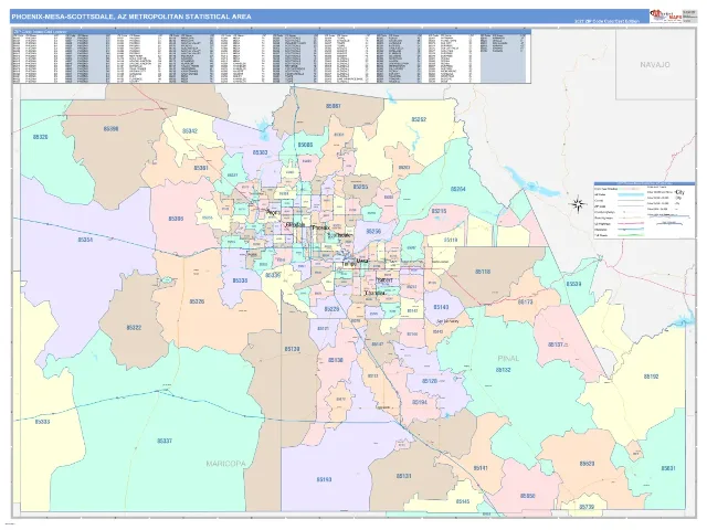 Phoenix-Mesa-Scottsdale Metro Area ZIP Code Wall Map, ColorCast style
