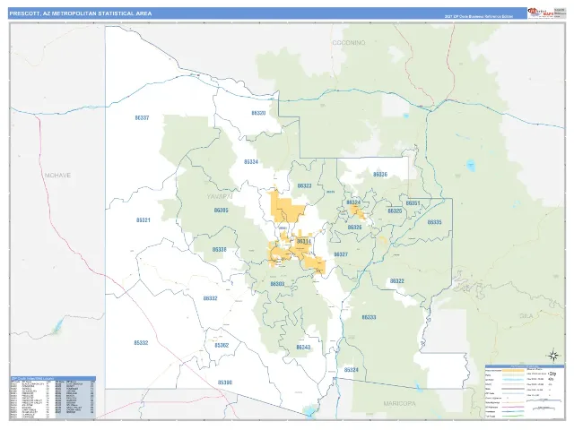 Prescott Metro Area ZIP Code Wall Map, Business Reference style