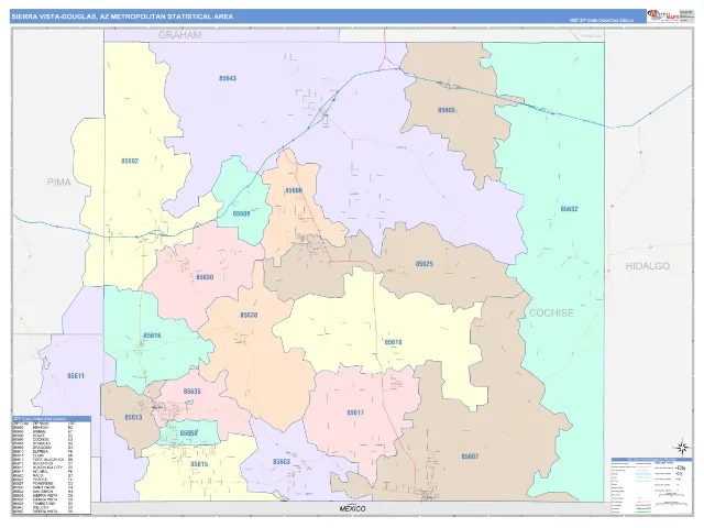 Sierra Vista-Douglas Metro Area ZIP Code Wall Map, ColorCast style