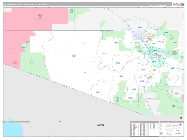 Tucson Metro Area ZIP Code Wall Map, Classic style