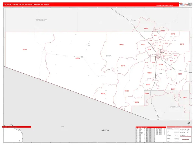 Tucson Metro Area ZIP Code Wall Map, RedLine style