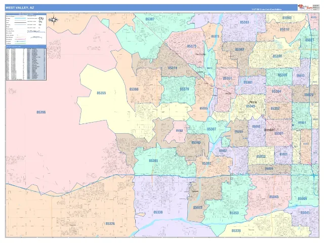 West Valley Metro Area ZIP Code Wall Map, ColorCast style