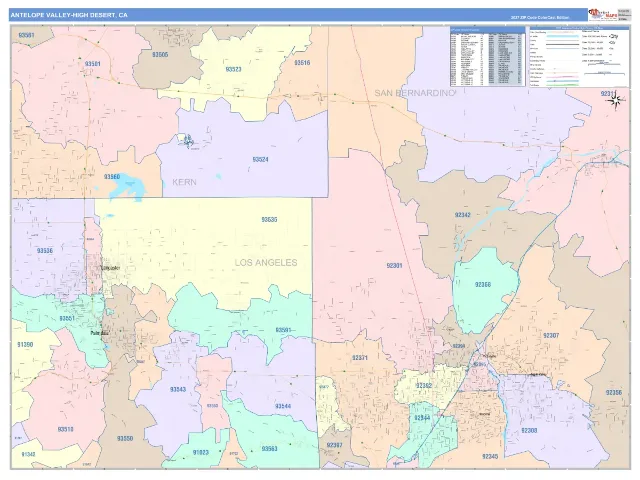 Antelope Valley-High Desert Metro Area ZIP Code Wall Map, ColorCast style