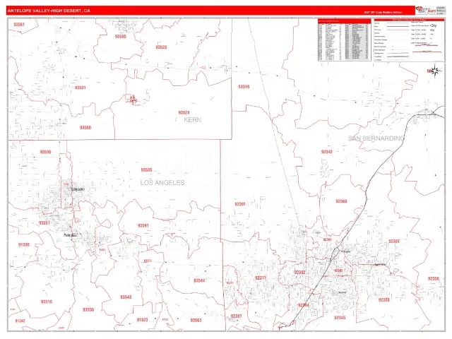Antelope Valley-High Desert Metro Area ZIP Code Wall Map, RedLine style