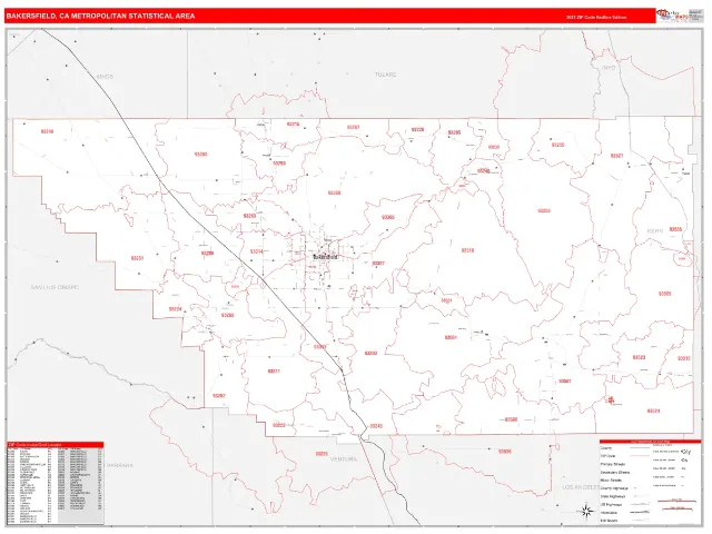 Bakersfield Metro Area ZIP Code Wall Map, RedLine style