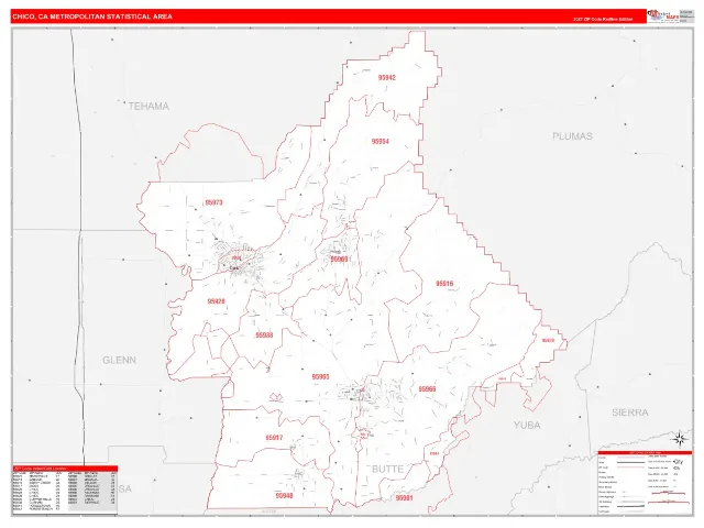 Chico Metro Area ZIP Code Wall Map, RedLine style