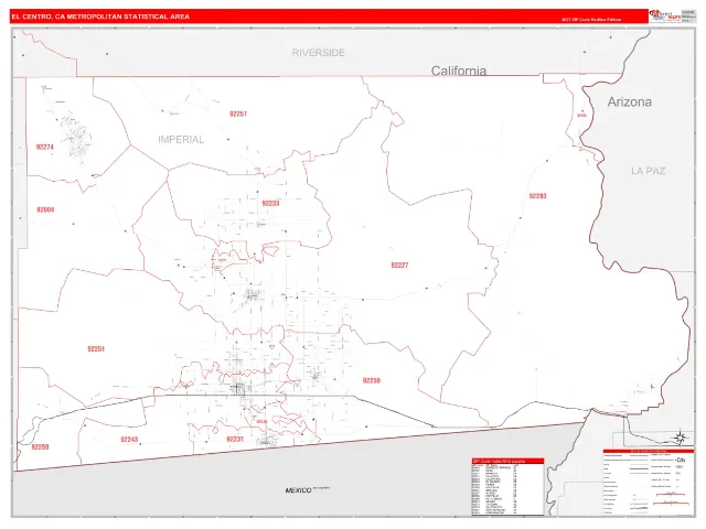 El Centro Metro Area ZIP Code Wall Map, RedLine style