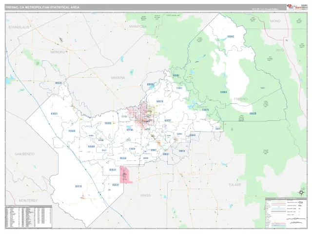 Fresno Metro Area ZIP Code Wall Map, Classic style