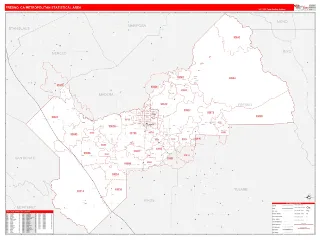 Fresno Metro Area RedLine style ZIP Code wall map