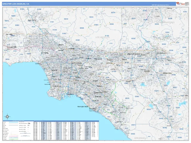 Greater Los Angeles Metro Area ZIP Code Wall Map, ColorCast style