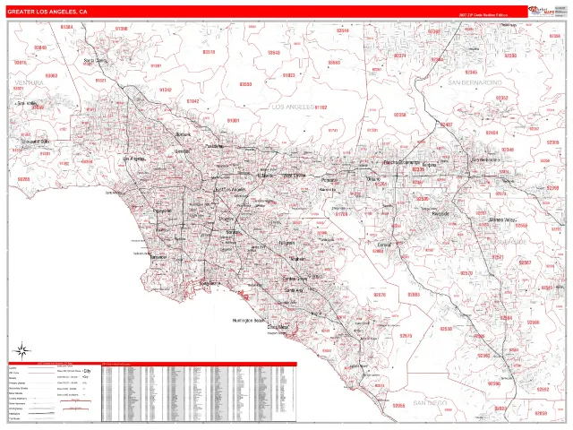 Greater Los Angeles Metro Area ZIP Code Wall Map, RedLine style