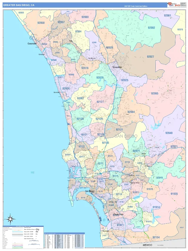 Greater San Diego Metro Area ZIP Code Wall Map, ColorCast style
