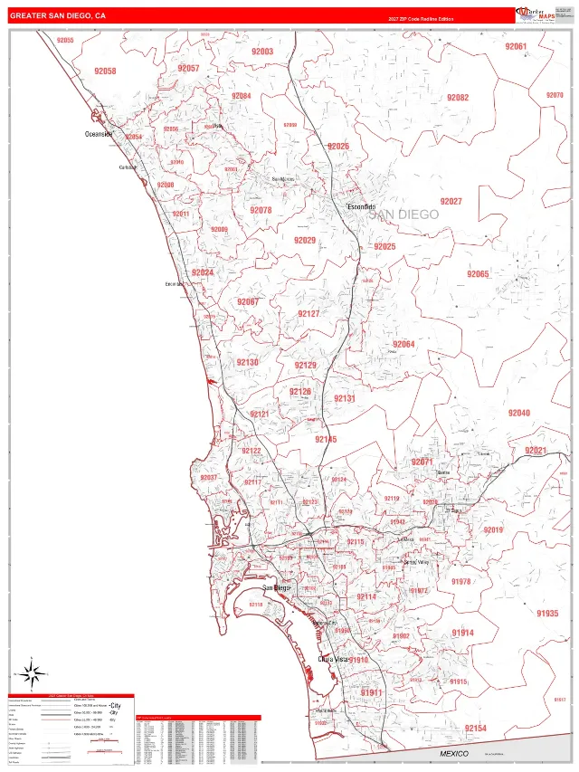 Greater San Diego Metro Area ZIP Code Wall Map, RedLine style