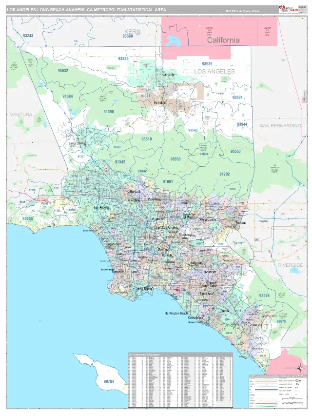 Los Angeles-Long Beach-Anaheim Metro Area ZIP Code Wall Map, Classic style