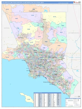 Los Angeles-Long Beach-Anaheim Metro Area ColorCast style ZIP Code wall map