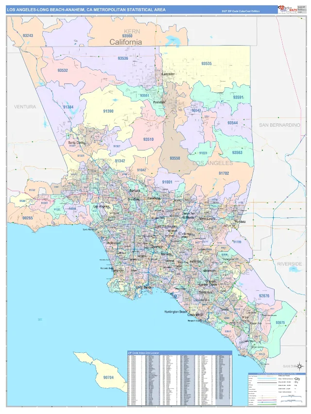 Los Angeles-Long Beach-Anaheim Metro Area ZIP Code Wall Map, ColorCast style