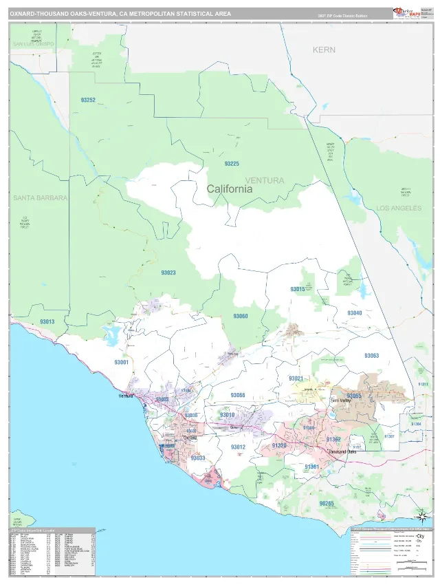 Oxnard-Thousand Oaks-Ventura Metro Area ZIP Code Wall Map, Classic style