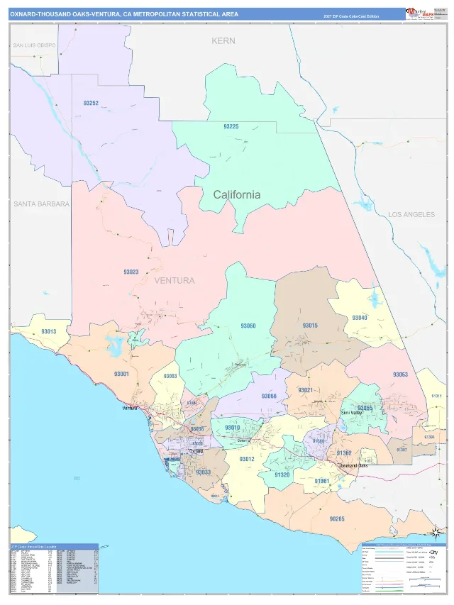Oxnard-Thousand Oaks-Ventura Metro Area ZIP Code Wall Map, ColorCast style